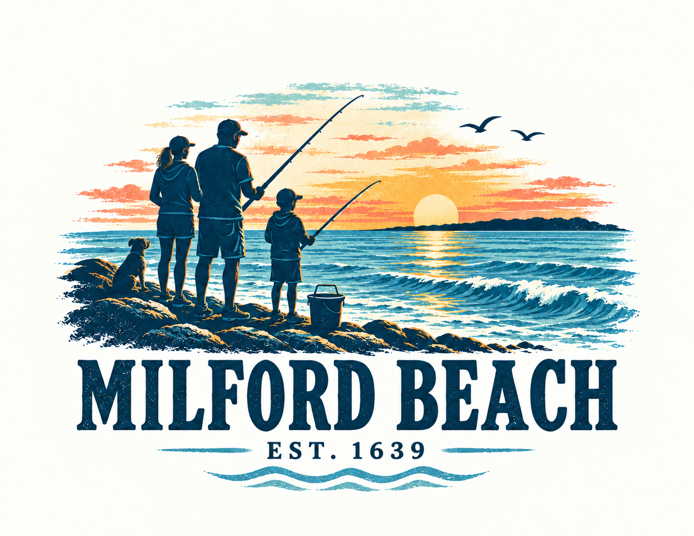Customized Milford Beach fishing proof with mom, dad, younger son, and a small dog