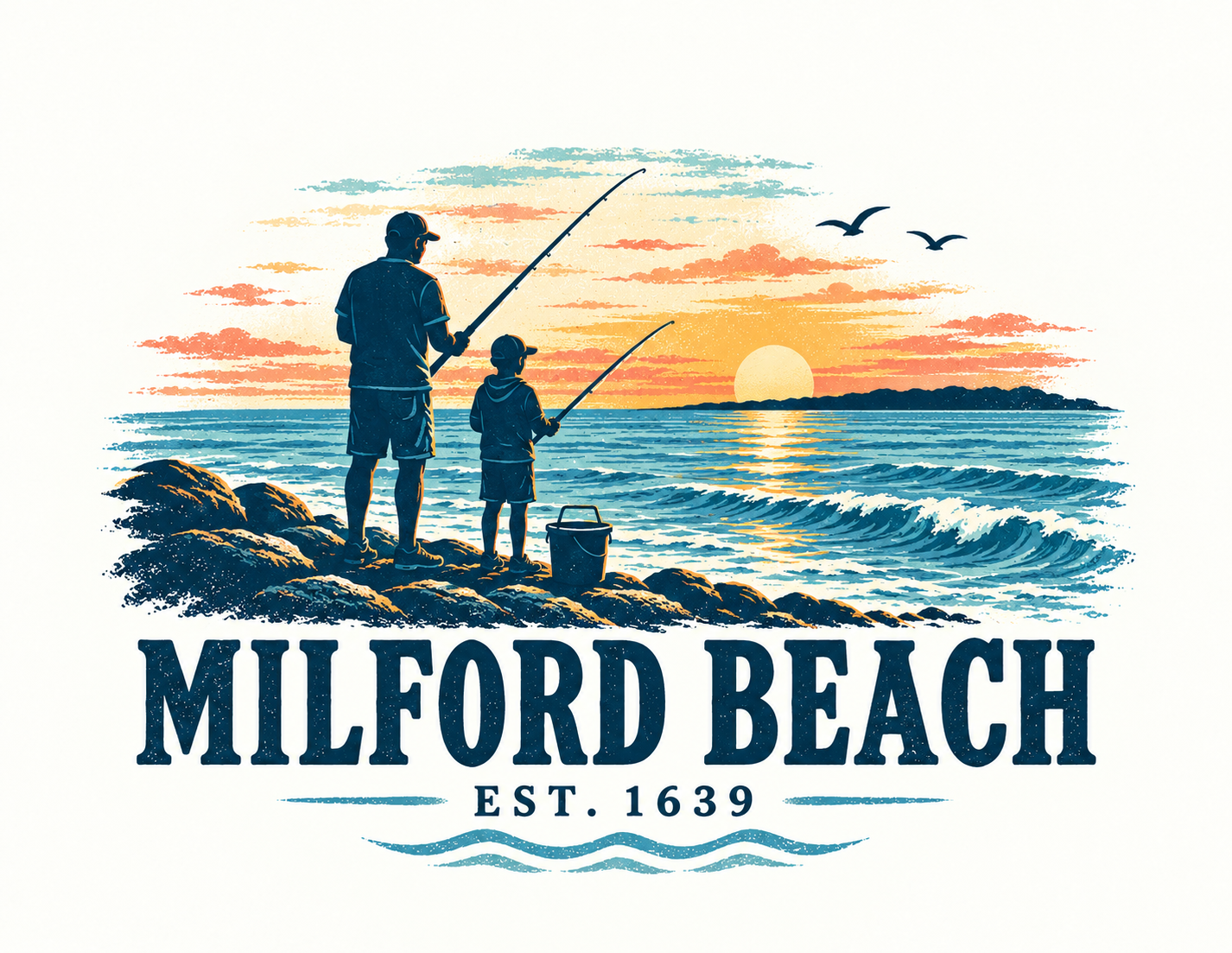 Original Milford Beach fishing store design with a father and son